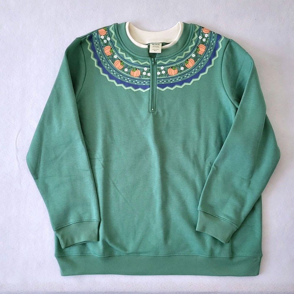 Vintage Blair Womens L Green‎ Fair Isle Pumpkin 1/4 Zip Sweatshirt Fall Top